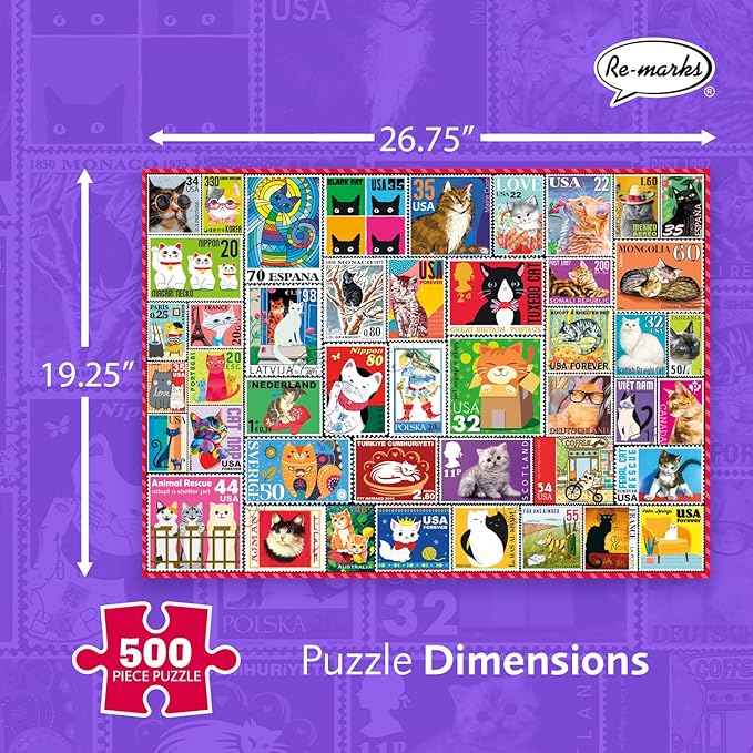 Re-marks Cat Stamps Collage Puzzle, 500 Large Piece Jigsaw Puzzle for All Ages