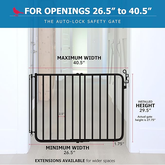Cardinal Gates MG15 Auto-Lock Baby Gate for Stairs- Adjustable Indoor Dog Gate - Made of Aluminum to Ensure Kids & Pets Safety - 26.5 to 40.5 Inches Wide - Black - USA Based Company