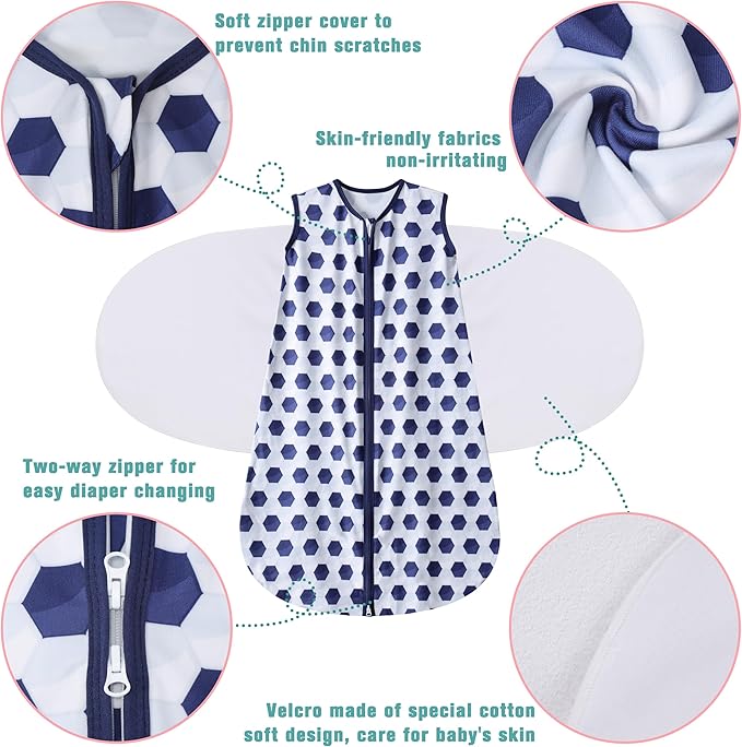 Newborn Sleep Sack Baby Swaddle,3-Way Adjustable Wearable Blanket,100% Rayon Cotton Swaddling Sleeping Bag，TOG 0.5 (Soccer & Triangles, 6-12 Months)