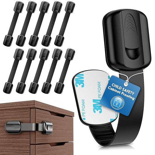 10 Pack Cabinet Locks Baby Proofing, SOGUDE Child Proof Cabinet Locks with 3M Adhesive Child Safety Locks for Refrigerator, Doors, Drawer Locks No Drilling, Cabinet Locks for Babies- Black