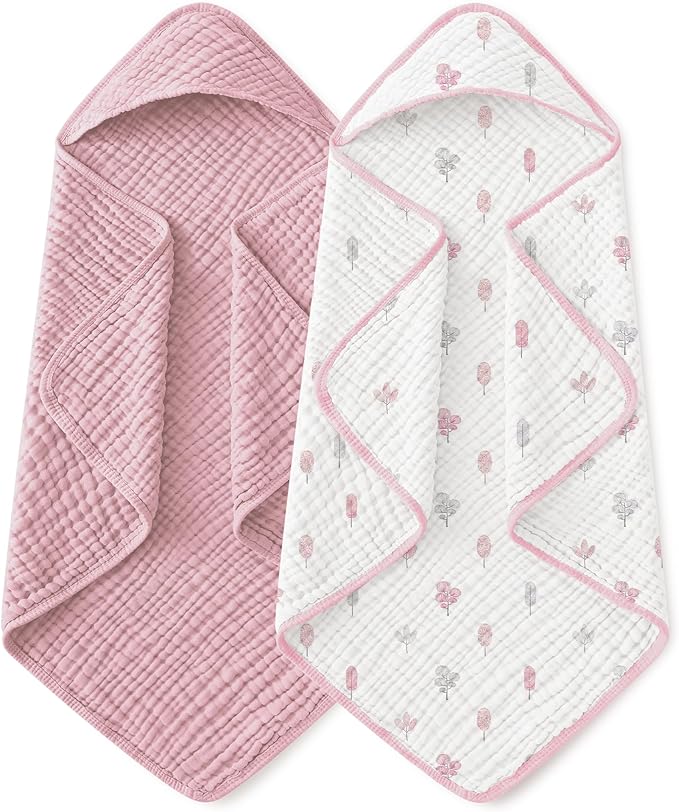 Yoofoss Hooded Baby Towels for Newborn 2 Pack 100% Muslin Organic Cotton Baby Bath Towel with Hood for Babies, Infant, Toddler and Kids,37.5“x37.5“, Soft and Absorbent Newborn Essential,Pink&WhiteLeaf