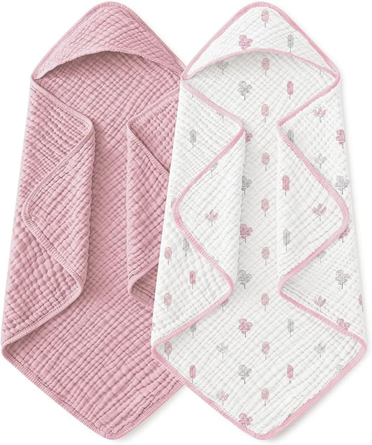 Yoofoss Hooded Baby Towels for Newborn 2 Pack 100% Muslin Organic Cotton Baby Bath Towel with Hood for Babies, Infant, Toddler and Kids,37.5“x37.5“, Soft and Absorbent Newborn Essential,Pink&WhiteLeaf