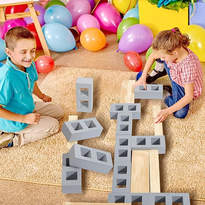 Deekin 25 Pcs Foam Brick Building Blocks and 12 Pcs Wooden Beam Foam Thick Cinder Blocks Large Fake Brick Builders Set for Construction and Stacking(Gray)