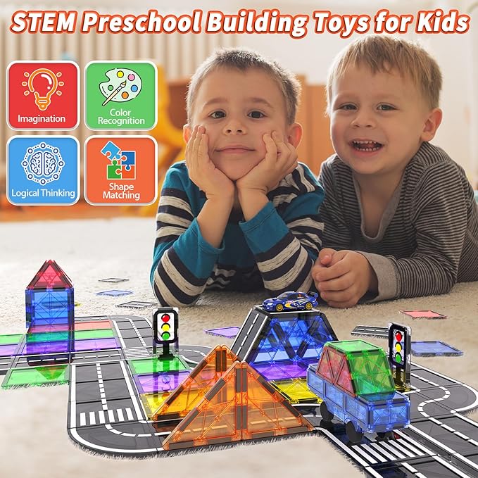 Magnetic Tiles Road Set with Car Kits, Magnetic Building Blocks Sensory Toys for Kids Ages 3-5 4-8, STEM Educational Toddlers Toys, Ideal Birthday&Christmas Gifts for 3+ Years Old Boys and Girls