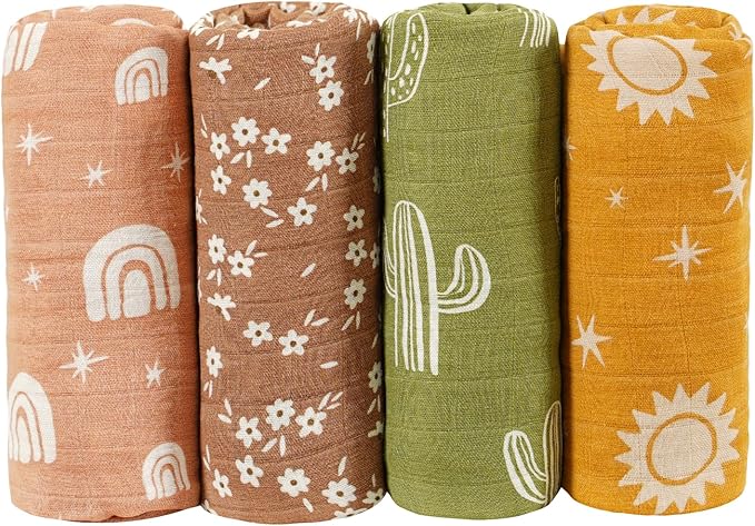 4 Set Muslin Swaddle Blankets for Newborn Baby Boys, Girls,Receiving Blankets-Cute Soft Print Baby Towel Wrap 120x110cm Baby(Cactus)