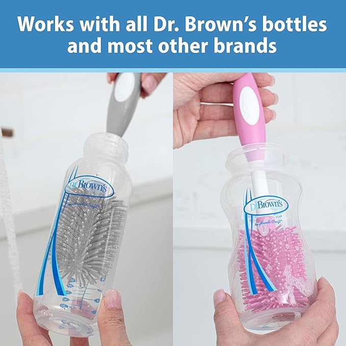 Dr. Brown's Soft Touch No Scratch Baby Bottle Cleaning Brush Nipple Cleaner with Stand and Storage Clip, BPA Free, Pink 1-Pack