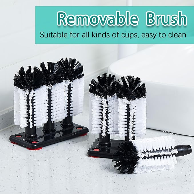 Havawish 2 Pack Water Bottle Cleaning Brush with Suction Base, 3 Head Bristle Bar Glass Washer for Sink, Cup Washer Brush Cleaner for Bar Beer Cup, Wine Glass(7.3 x 3.7 x 7.5)