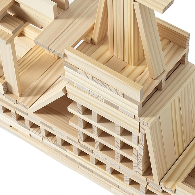 300pcs Open Ended Wooden Building Blocks for Kids 6.6lb, Natural Pine Rectangular Wood Building Toys，Construction Toys for Toddlers, STEM Building Set,Birthday Gift for Ages 3-8 (S 4.7"-Wood Color)