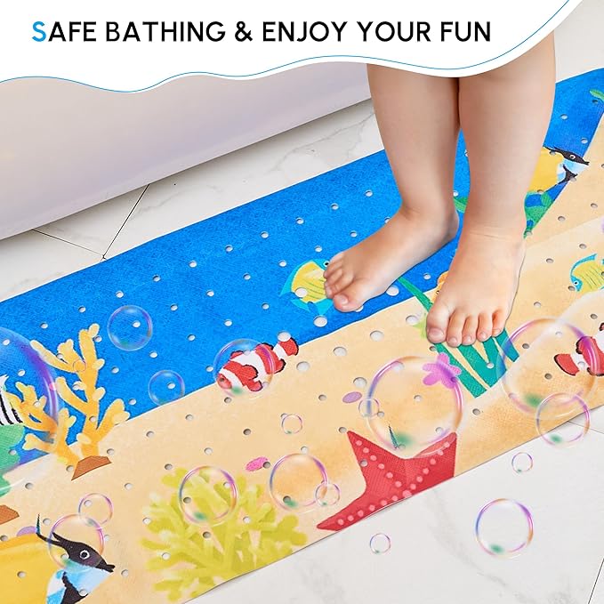 Vannokor Baby Bath Mat for Tub Non Slip Kids, 40 X 16 Inch Extra Long Bathtub Mat with Drain Holes and Suction Cups, Anti Slip Shower Mat Machine Washable, Submarine Park