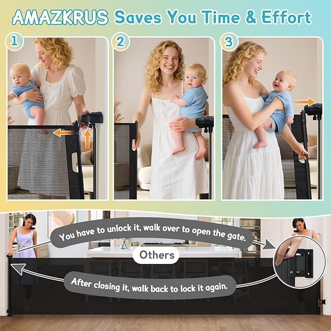 180'' Retractable Baby Gates Extra Wide,42" Extra Tall Retractable Dog Gate for Doorways,Safety Upgrade 15 Foot Extra Long Retractable Baby Gate for Stairs, Black Indoor/Outdoor Retractable Gate