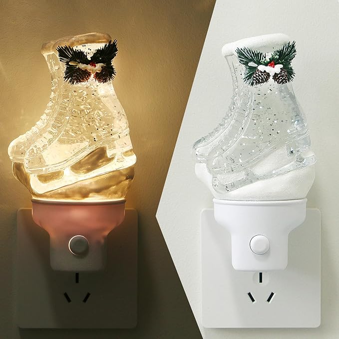 Christmas Night Light Plug into Wall Swirling Glitter USB Portable Christmas Decorative Night Light Decoration for Kids Adults Bedroom Kitchen Living Room Holiday Decor (Ski Boots)