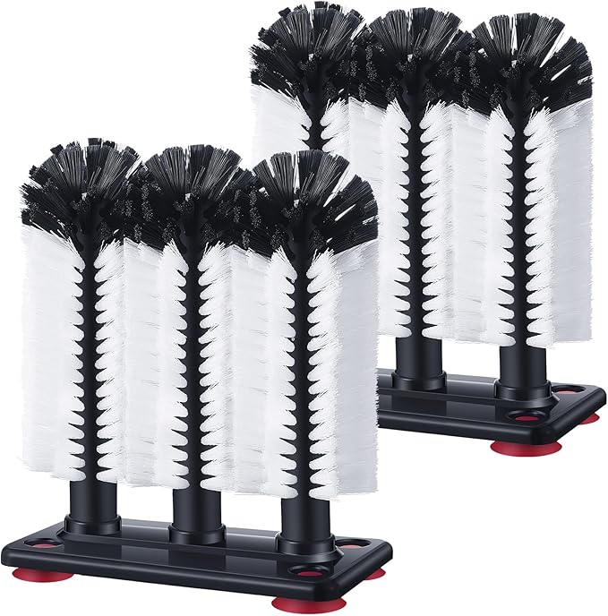 Havawish 2 Pack Water Bottle Cleaning Brush with Suction Base, 3 Head Bristle Bar Glass Washer for Sink, Cup Washer Brush Cleaner for Bar Beer Cup, Wine Glass (7.3 x 3.7 x 10.4)