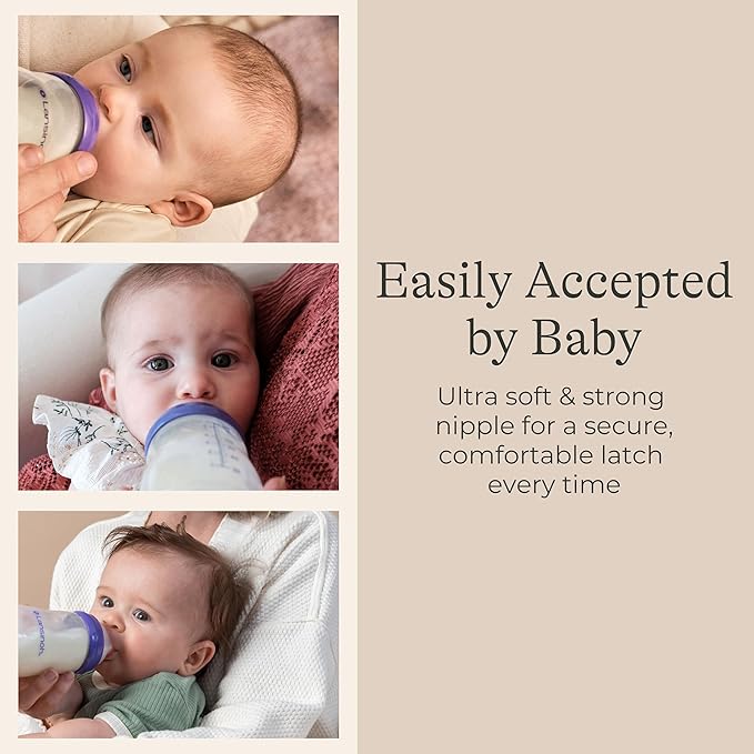 Lansinoh Anti-Colic Baby Bottles for Breastfeeding Babies, 11 Ounces, 4 Count, with 4 Fast Flow Nipples, Size F