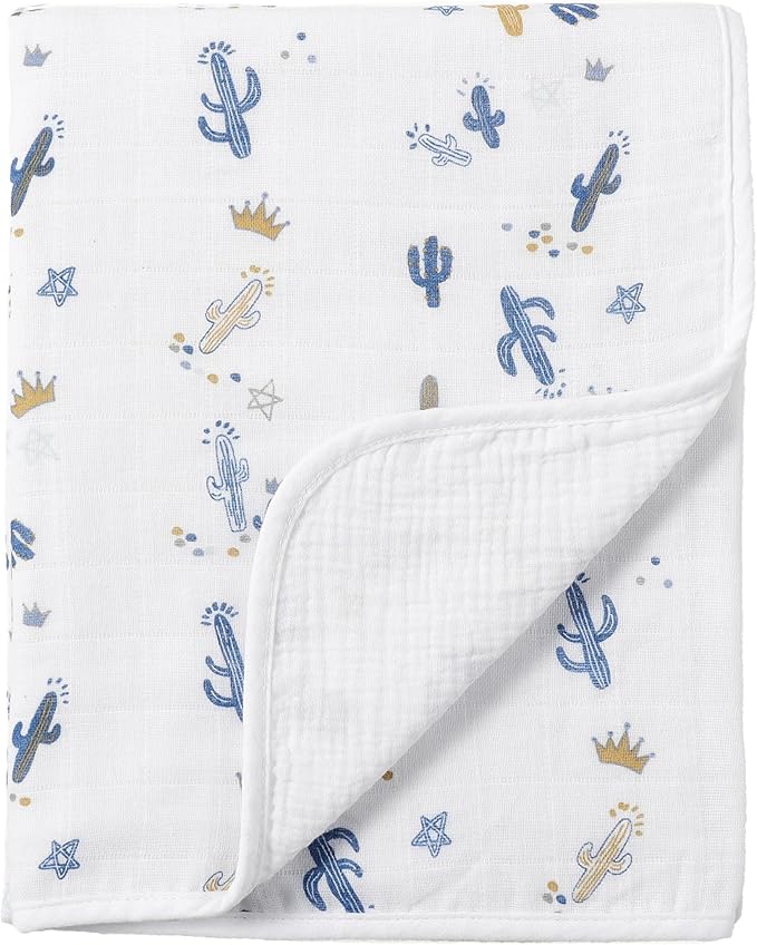 CREVENT 40''X40'' 100% Organic Cotton Muslin Baby Blanket for Newborns, Essential for Baby Shower Birthday Gift - Cactus 100X100cm