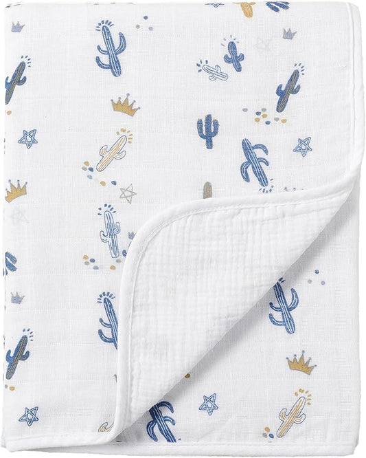 CREVENT 40''X40'' 100% Organic Cotton Muslin Baby Blanket for Newborns, Essential for Baby Shower Birthday Gift - Cactus 100X100cm