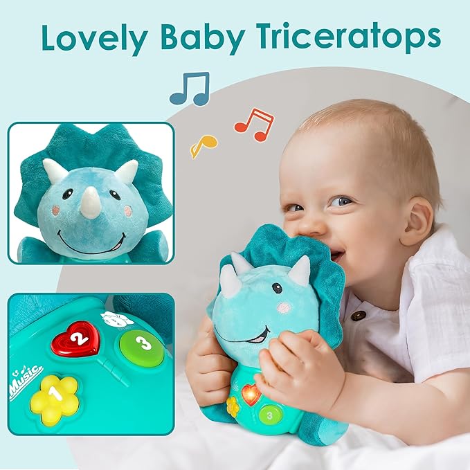 iPlay, iLearn Baby Dinosaur Musical Toys, Newborn Boys Gift, Soft Dinos Plush Stuffed Animal, Infant Light Music Time, 1st Birthday Stocking Gift Stuffer for 0 1 3 6 9 12 18 Month 1-3 Yrs Toddler Girl