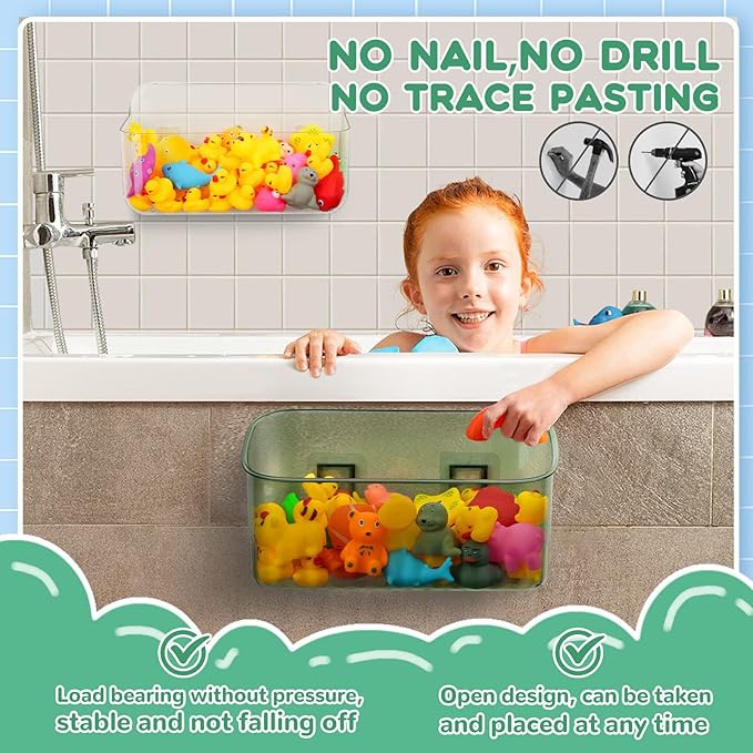 Bath Toy Storage Holder for Bathtub 4pcs, Large Capacity Clear Bath Toy Holder,Staple Free Sticky Bath Toy Organizer,Suitable for Bathroom Toy Organisation and Storage