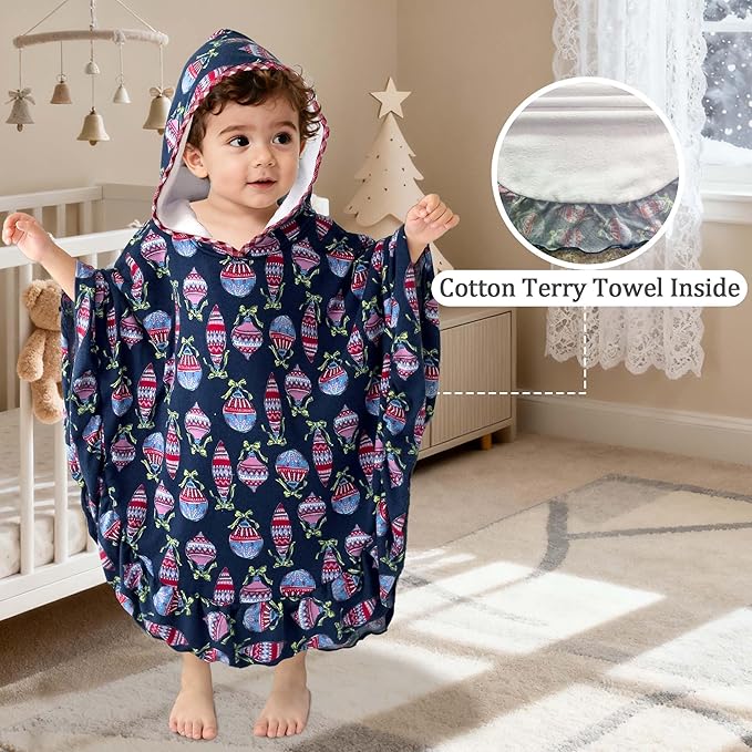 VOOVA & MOVAS Hooded Towel Poncho for Toddler with Ruffle Trim | Soft 100% Cotton | Absorbent Thick Towel for Bath, Swim, Beach & Winter | Cozy, Christmas Lamp