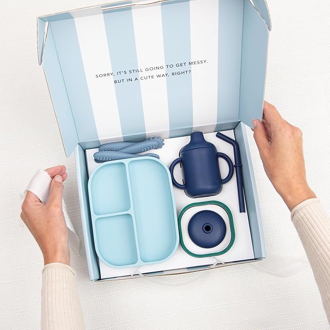 Bella Tunno Little Bites Bundle – Baby Feeding Set and Baby Led Weaning Supplies with 1 Baby Bowl, 1 Baby Plate, 3 Baby Utensils, 1 Cup, 2 Lids, 100% Food-Grade Silicone (Shooting Star)