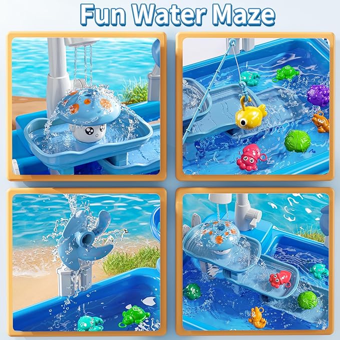 Water Table Play Sink Toy for Kids 2 3 4 5 6 Years Old - Outdoor Kitchen with Running Water, Fishing Games, Toddler Water Play Table for Kids Ages 3-8, Beach Outdoor Toys, Summer Gifts(Blue)