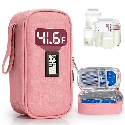Breast Milk Cooler Travel Bag, Real-Time Temperature Display, Holds 4-6 Breastmilk Storage Bag with 2 Breast Milk Ice Pack, Cooling & Waterproof Portable Cooler for Moms on The Go(Pink)