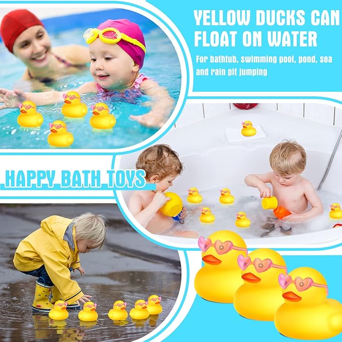 Chivao 12 Pcs Rubber Ducks with 12 Sunglasses/ Hats/ Headwear Small Mini Carnival Cruise Birthday Rubber Duckies Bathtub Toys in Bulk(Duck with Heart Glasses,Yellow)