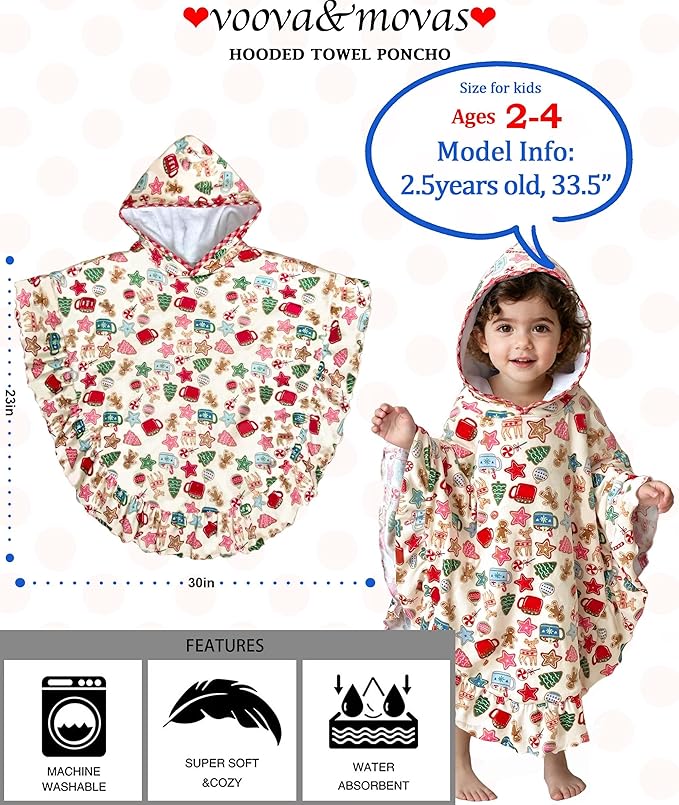 VOOVA & MOVAS Toddler Hooded Towel Poncho with Ruffle Trim | Soft 100% Cotton | Absorbent Thick Towel for Bath, Swim, Beach & Winter | Cozy, Gingersnap