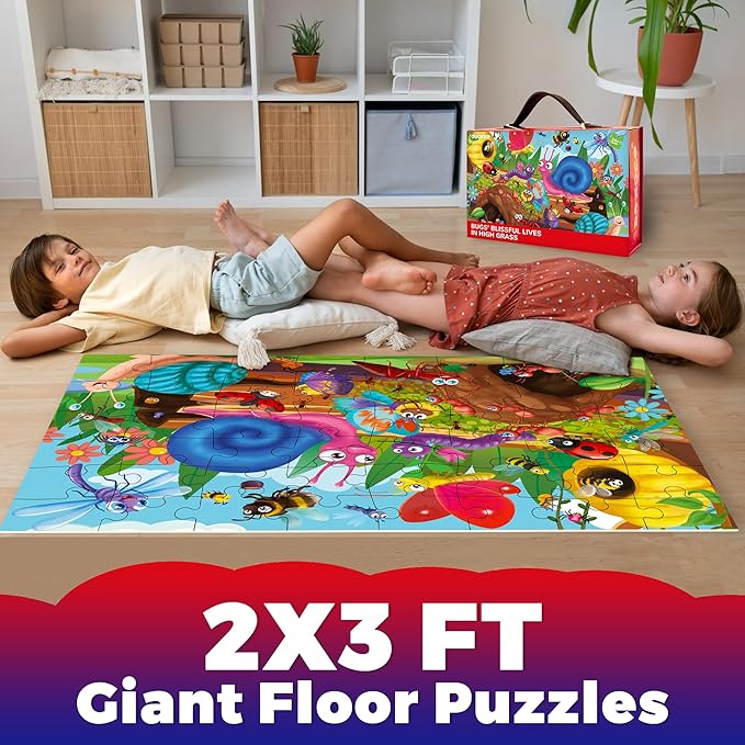 QUOKKA Giant Floor Puzzle for Kids Ages 4-6 – 2x3 Feet Extra-Thick 48 Pieces Toddler Puzzle Ages 3-5 – Bugs Educational Activity for Boys Girls – Premium Box with Sturdy Handle & Magnetic Closure