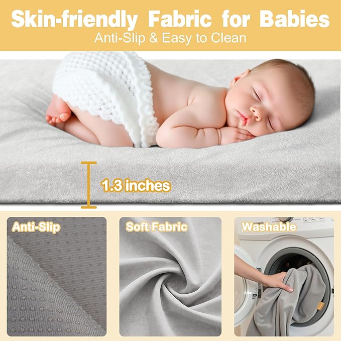 71" ×59" Padded Baby Play Mat for Floor, 1.2" Thick Memory Foam Mat with Machine Washable Cover, Soft Tummy Time Crawling Playmat with Non-Slip Bottom, Fits 71" x59" Playpens