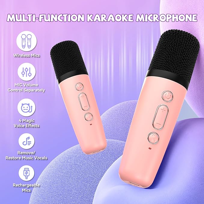 Mini Karaoke Machine for Kids Girls Boys - Birthday Gifts for Ages 4 5 6 7 8+ Year Old - 2025 New est - Portable Bluetooth Speaker with 2 Wireless Microphone - Kids' Instrument Accessories - Pink