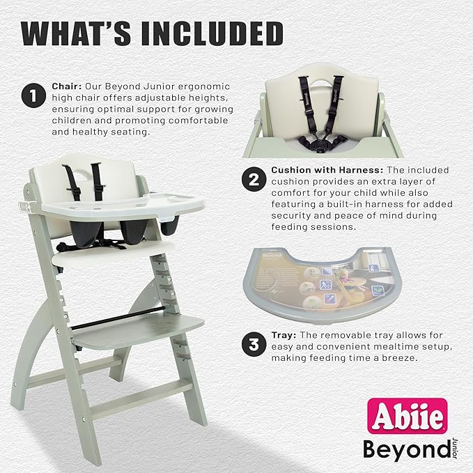 Abiie Beyond Junior Wooden High Chair with Tray - Adjustable and Convertible High Chair for Babies and Toddlers - 6 Months to 250 Lb - Water Resistant - Misty Grey Wood/Dove Grey Cushion
