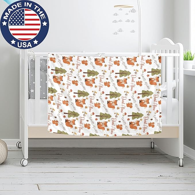 Ship Next Day, Personalized Baby Blanket for Boys Girls - Printed in USA, Custom Name Toddler Blanket with Fox Pattern, Perfect Newborn Gift