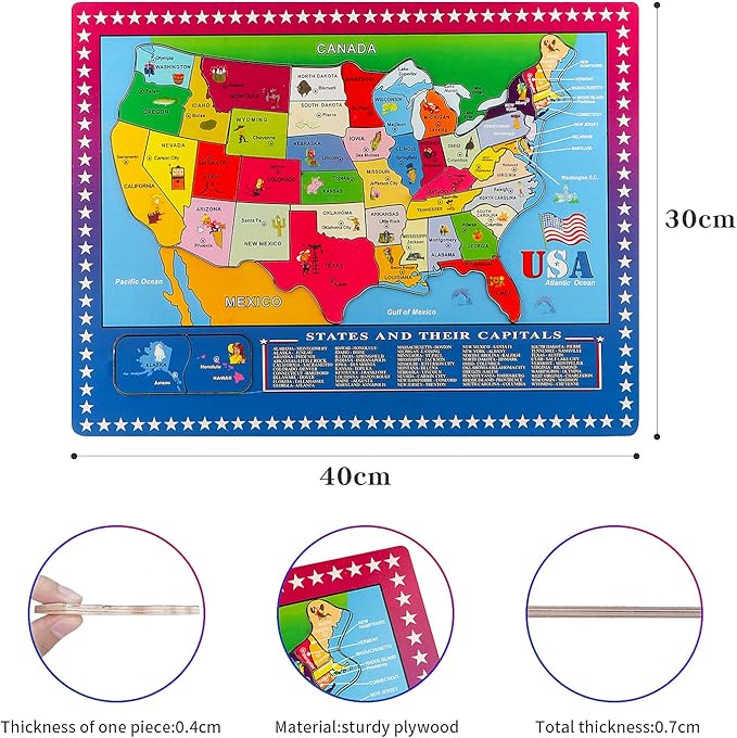 Wondertoys 46 Pieces Wooden USA Map Puzzle for Kids US Map Puzzle Educational Geography Puzzles United States Map Puzzle for Boy Girl