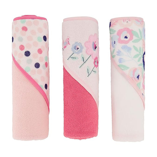Cudlie Buttons & Stitches Baby Girl 3 Pack Rolled/Carded Hooded Towels in Blooms & Dots Print, GS71731