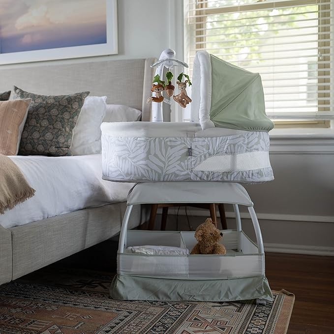 Baby Sweetli Calm Infant Bassinet Bedside Crib Sleeper with Cry Recognition, Electric Mobile with Deluxe Toys, Music, Nightlights, Vibration (Sage Fern Leaves)