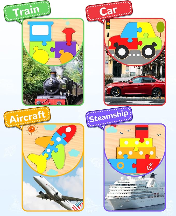 Yetonamr Wooden Toddler Puzzles Gifts Toys for Boys Girls, 4 Vehicle Shape Montessori Toy Educational Blocks Kids Toys Gift Baby Learning Toy