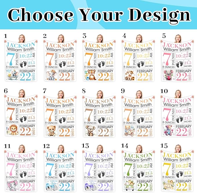 Personalized Baby Blankets for Boy with Birth Information for Boys and Girls Cute Custom Baby Newborn Blanket for Boy Girl on Baby Shower Birth Memory