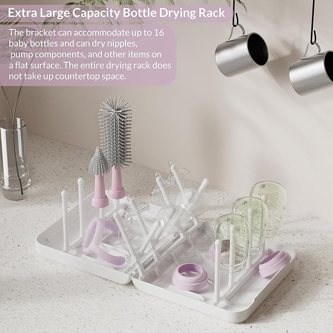 Portable Baby Bottle Brush Set with Multiple Brushes,Soap Dispenser, Foldable Bottle Drying Rack for 16 Bottles, Bottle Cleaner Brush Set for Bottles and Baby Accessories, Baby Travel Essential