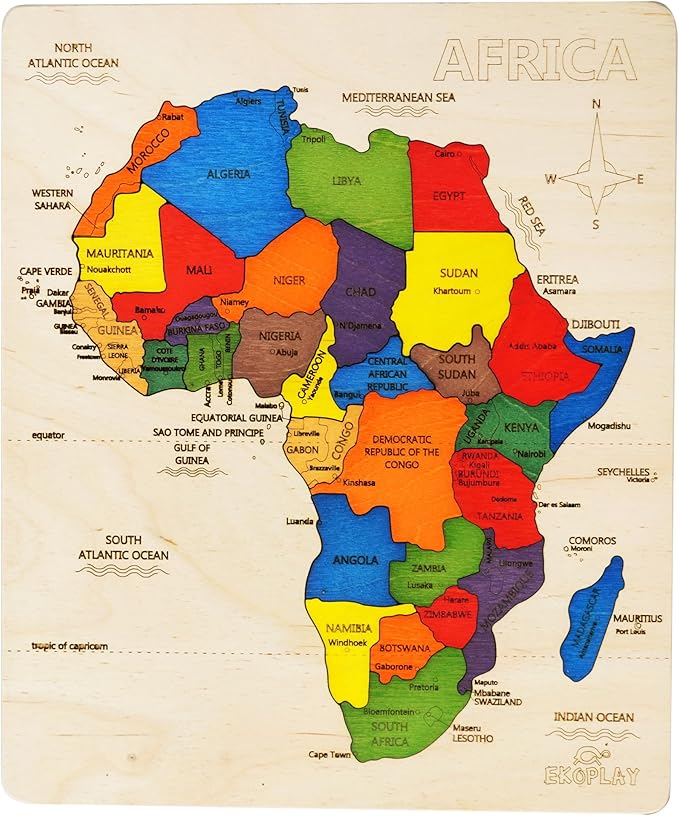 EKOPLAY’s Africa MAP Wooden Puzzle for Kids, 31 Piece Jigsaw Puzzle for School Kids, Learning Educational Toys Gifts for Boys Girls.