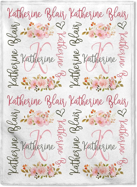 FLOCHIL Personalized Baby Blankets, Custom Baby Blanket - Baby Blanket with Name for Girls, Best Gift for Newborn Floral Plush Fleece (30x40) (Monogram)