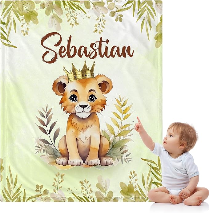 J&SBGFT Custom Baby Boy Lion Blanket with Name,Receiving Blanket for Toddlers Kids Nursery Stroller Crib Cuddles