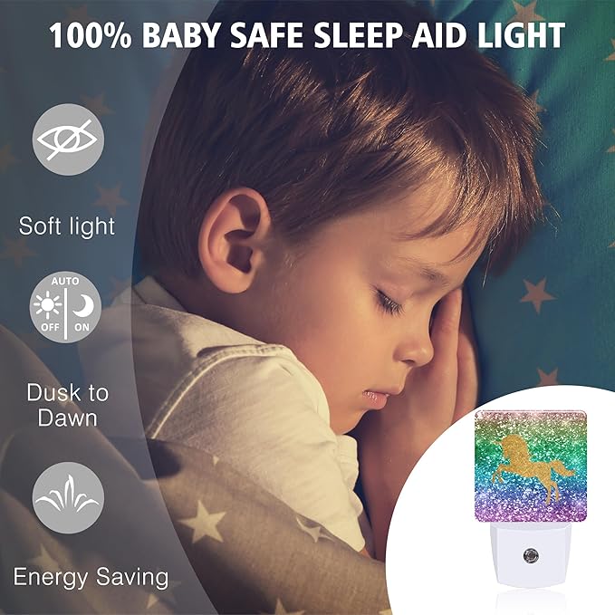 Sparkles Unicorn Night Lights Plug into Wall for Girls Boys Room, Night Lights LED Lamp with Dusk to Dawn Sensor Nightlight for Bedroom Kitchen Bathroom Hallway Home Wall Decor