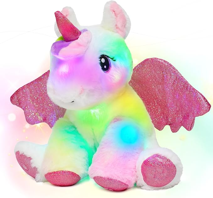 Hopearl Adorable LED Plush Unicorn Lighting Up Cute Stuffed Animal Floppy Night Lights Glow in The Dark Birthday Festival for Kids Toddler Girls, White, 11''
