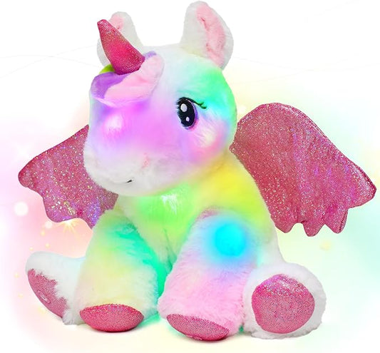 Hopearl Adorable LED Plush Unicorn Lighting Up Cute Stuffed Animal Floppy Night Lights Glow in The Dark Birthday Festival for Kids Toddler Girls, White, 11''