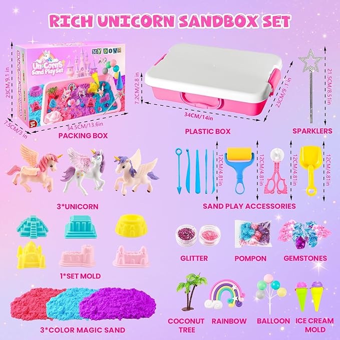 MYDOVA Unicorn Sensory Bin for Girls, Magic Sand Sensory Bin Art Kit for Boys and Girl with Sandbox, Castle Molds, 2.18lb 3 Color Sand, Unicorn Toy Kits Christmas Birthday Gift for Toddler Ages 3+