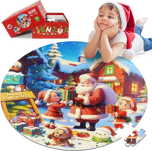 Christmas Puzzles for Kids Ages 4-6, Large Round Floor Puzzles with Santa Claus & Snowman, 70 Piece Jigsaw Puzzles for Boys & Girls Aged 3-8, Educational Toy Gift