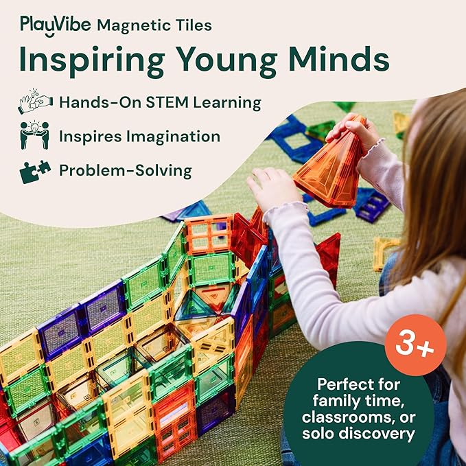 PLAYVIBE Magnetic Tiles - 60 Piece Set, Multicolor - Hands-On STEM Play & Stem Toys - Strong Magnets & Magnetic Tile Blocks - Sensory Toys & Car Creations