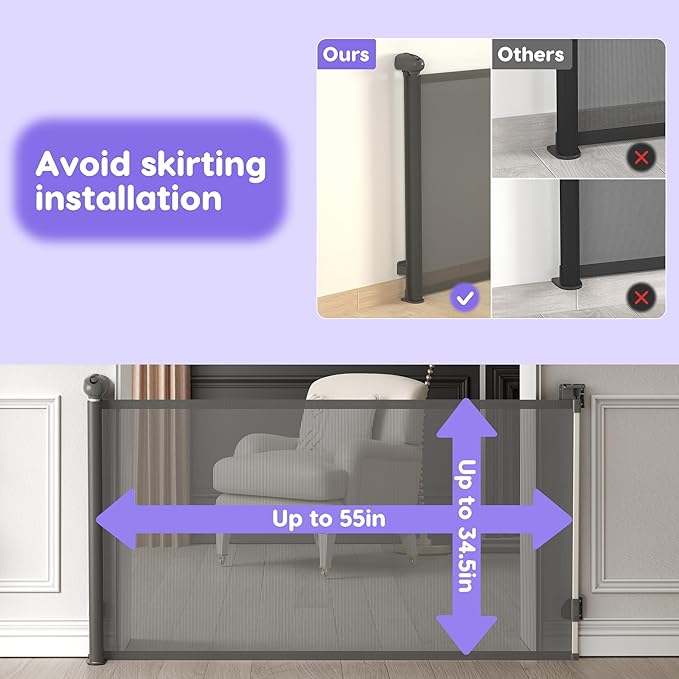 Retractable Baby Gate, Baby Gate for Stairs Auto-Lock, Dog Gates for Doorways Safety, Extends to 34.5x55in, Grey