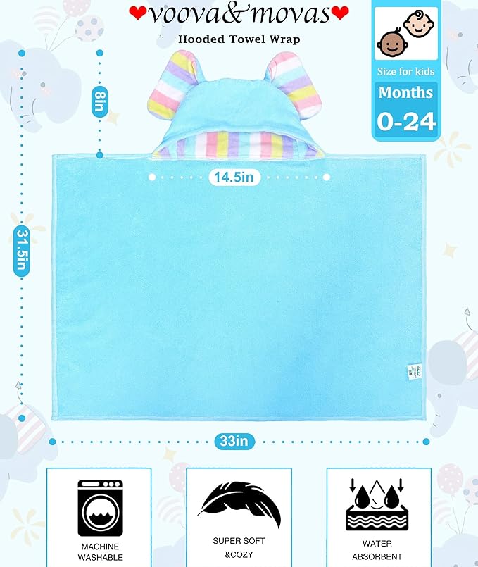 Thick Baby Hooded Bath Towel - 100% Cotton,500GSM, 33x31.5 Inches,0-2Years, Super Absorbent Large Towel with Cute Elephant Ears Hood for Newborn,Toddler,infant,Baby Essentials,Light Blue