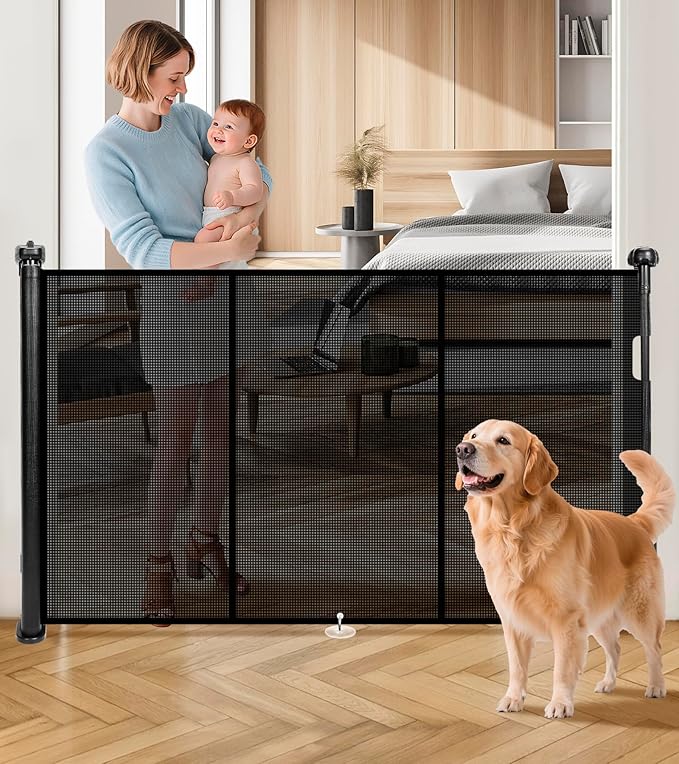 Retractable Baby Gates for Stairs, 78" Wide Retractable Dog Gate Pet Gate, 34" Extra Tall Child Safety Gate Toddler Mesh Gate with Support Rods for Doorways, Hallways, Deck, Porch, Indoor, Outdoor